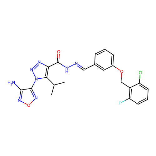 (E)-1-(4-amino-1,2,5-oxadiazol-3-yl)-N'-(3-((2-chloro-6-fluorobenzyl)oxy)benzylidene)-5-isopropyl-1H-1,2,3-triazole-4-carbohydrazide structure