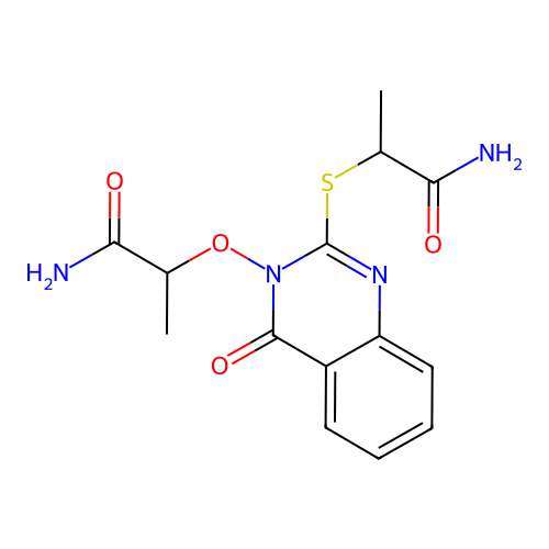2-((3-((1-amino-1-oxopropan-2-yl)oxy)-4-oxo-3,4-dihydroquinazolin-2-yl)thio)propanamide structure