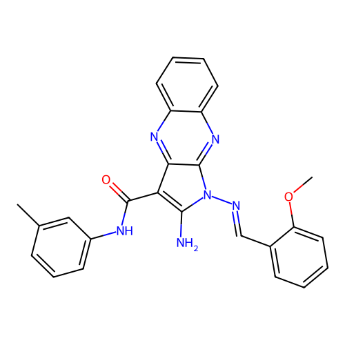 (E)-2-amino-1-((2-methoxybenzylidene)amino)-N-(m-tolyl)-1H-pyrrolo[2,3-b]quinoxaline-3-carboxamide structure