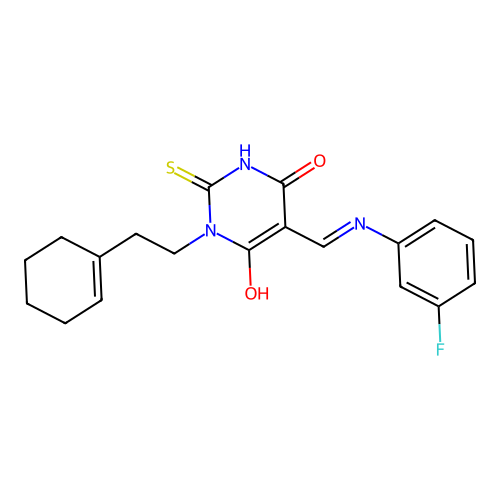 (5E)-1-[2-(cyclohex-1-en-1-yl)ethyl]-5-{[(3-fluorophenyl)amino]methylidene}-2-sulfanylpyrimidine-4,6(1H,5H)-dione structure