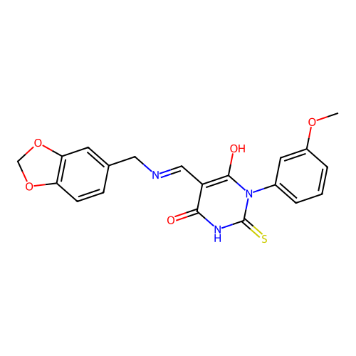 (5E)-5-[(1,3-benzodioxol-5-ylmethylamino)methylidene]-1-(3-methoxyphenyl)-2-sulfanylidene-1,3-diazinane-4,6-dione structure