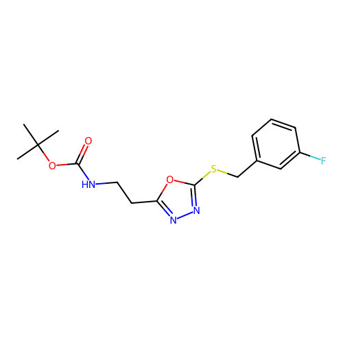 Tert-butyl (2-(5-((3-fluorobenzyl)thio)-1,3,4-oxadiazol-2-yl)ethyl)carbamate structure