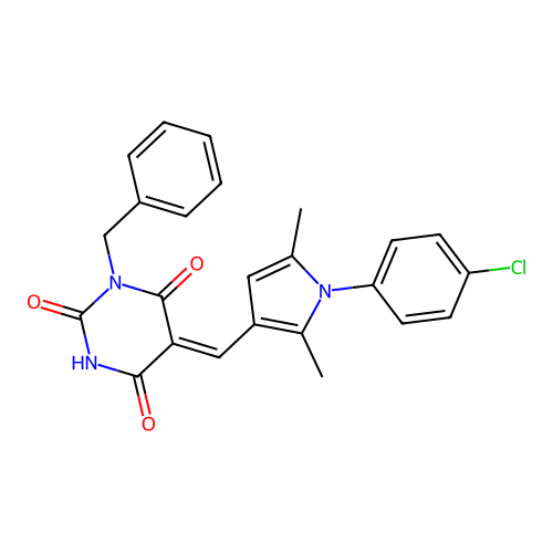 (5Z)-1-benzyl-5-[[1-(4-chlorophenyl)-2,5-dimethylpyrrol-3-yl]methylidene]-1,3-diazinane-2,4,6-trione structure