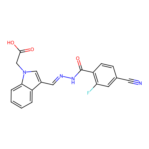 {3-[(4-Cyano-2-fluoro-benzoyl)-hydrazonomethyl]-indol-1-yl}-acetic acid structure