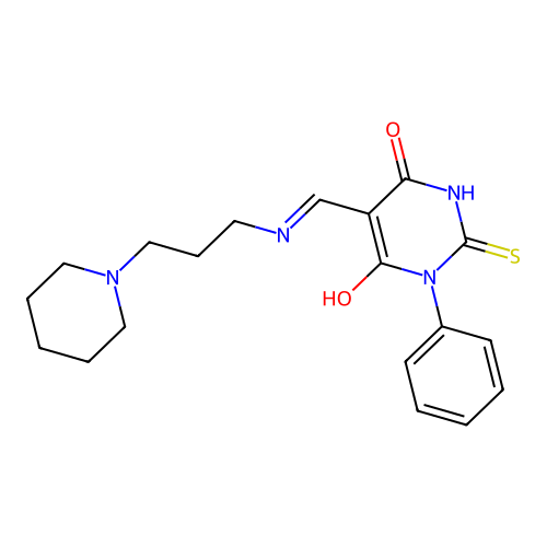 (5E)-1-phenyl-5-({[3-(piperidin-1-yl)propyl]amino}methylidene)-2-sulfanylpyrimidine-4,6(1H,5H)-dione structure