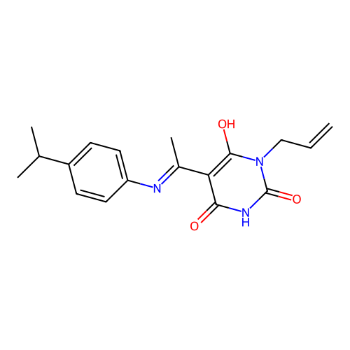 (Z)-1-allyl-5-(1-((4-isopropylphenyl)amino)ethylidene)pyrimidine-2,4,6(1H,3H,5H)-trione structure
