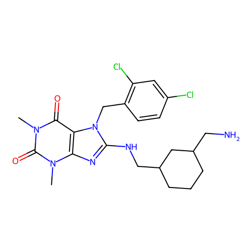 8-(((3-(aminomethyl)cyclohexyl)methyl)amino)-7-(2,4-dichlorobenzyl)-1,3-dimethyl-1H-purine-2,6(3H,7H)-dione structure