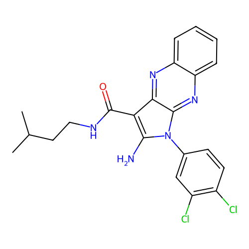 2-amino-1-(3,4-dichlorophenyl)-N-(3-methylbutyl)pyrrolo[3,2-b]quinoxaline-3-carboxamide structure