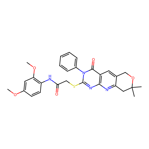 N-(2,4-dimethoxyphenyl)-2-((8,8-dimethyl-4-oxo-3-phenyl-4,6,8,9-tetrahydro-3H-pyrano[3',4':5,6]pyrido[2,3-d]pyrimidin-2-yl)thio)acetamide structure