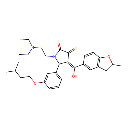 (4E)-1-(2-diethylaminoethyl)-4-[hydroxy-(2-methyl-2,3-dihydro-1-benzofuran-5-yl)methylidene]-5-[3-(3-methylbutoxy)phenyl]pyrrolidine-2,3-dione structure
