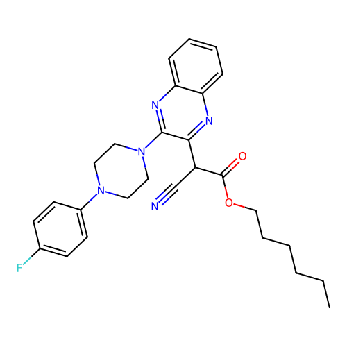 Hexyl cyano{3-[4-(4-fluorophenyl)piperazin-1-yl]quinoxalin-2-yl}acetate structure