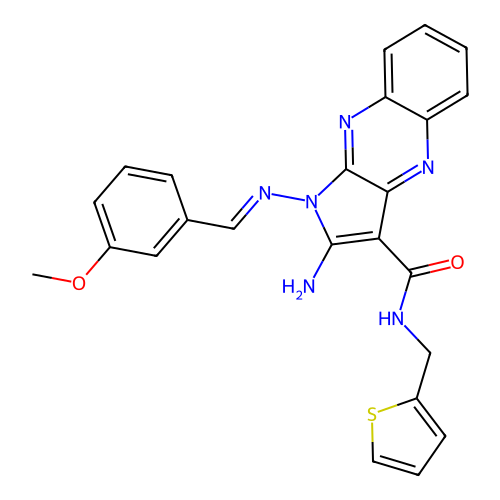 (E)-2-amino-1-((3-methoxybenzylidene)amino)-N-(thiophen-2-ylmethyl)-1H-pyrrolo[2,3-b]quinoxaline-3-carboxamide structure