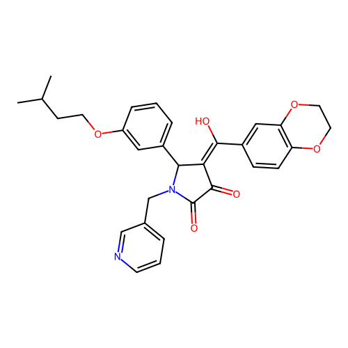 (4E)-4-[2,3-dihydro-1,4-benzodioxin-6-yl(hydroxy)methylidene]-5-[3-(3-methylbutoxy)phenyl]-1-(pyridin-3-ylmethyl)pyrrolidine-2,3-dione structure