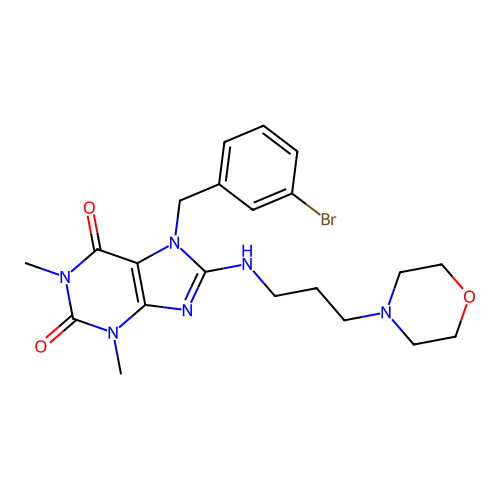 7-[(3-bromophenyl)methyl]-1,3-dimethyl-8-(3-morpholin-4-ylpropylamino)purine-2,6-dione structure