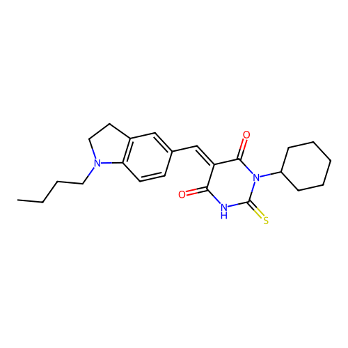 (5E)-5-[(1-butyl-2,3-dihydroindol-5-yl)methylidene]-1-cyclohexyl-2-sulfanylidene-1,3-diazinane-4,6-dione structure
