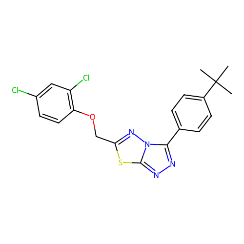 1-({3-[4-(tert-butyl)phenyl](1,2,4-triazolo[3,4-b]1,3,4-thiadiazolin-6-yl)}met hoxy)-2,4-dichlorobenzene structure
