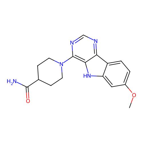 1-(7-methoxy-5H-pyrimido[5,4-b]indol-4-yl)piperidine-4-carboxamide structure