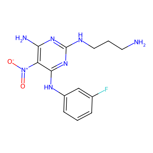 N~2~-(3-aminopropyl)-N~4~-(3-fluorophenyl)-5-nitropyrimidine-2,4,6-triamine structure