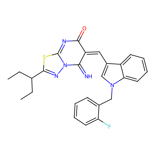 (6E)-6-[[1-[(2-fluorophenyl)methyl]indol-3-yl]methylidene]-5-imino-2-pentan-3-yl-[1,3,4]thiadiazolo[3,2-a]pyrimidin-7-one structure
