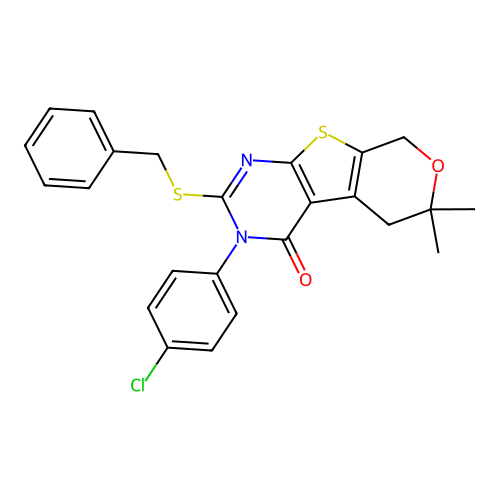 2-(benzylsulfanyl)-3-(4-chlorophenyl)-6,6-dimethyl-3,5,6,8-tetrahydro-4H-pyrano[4',3':4,5]thieno[2,3-d]pyrimidin-4-one structure