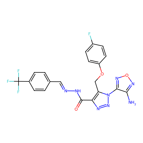 (E)-1-(4-amino-1,2,5-oxadiazol-3-yl)-5-((4-fluorophenoxy)methyl)-N'-(4-(trifluoromethyl)benzylidene)-1H-1,2,3-triazole-4-carbohydrazide structure