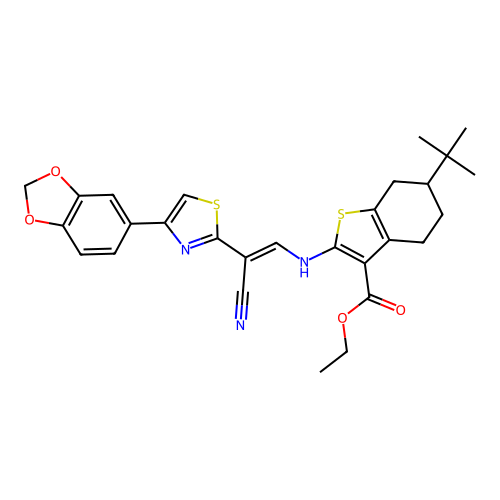 (E)-ethyl 2-((2-(4-(benzo[d][1,3]dioxol-5-yl)thiazol-2-yl)-2-cyanovinyl)amino)-6-(tert-butyl)-4,5,6,7-tetrahydrobenzo[b]thiophene-3-carboxylate structure