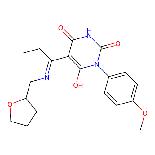 1-(4-methoxyphenyl)-5-[1-(oxolan-2-ylmethylamino)propylidene]-1,3-diazinane-2,4,6-trione structure