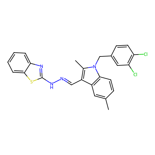 (2Z)-2-[(2E)-{[1-(3,4-dichlorobenzyl)-2,5-dimethyl-1H-indol-3-yl]methylidene}hydrazinylidene]-2,3-dihydro-1,3-benzothiazole structure