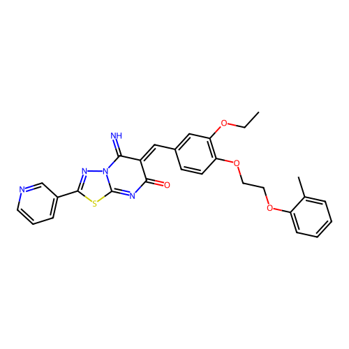 (6Z)-6-[[3-ethoxy-4-[2-(2-methylphenoxy)ethoxy]phenyl]methylidene]-5-imino-2-pyridin-3-yl-[1,3,4]thiadiazolo[3,2-a]pyrimidin-7-one structure