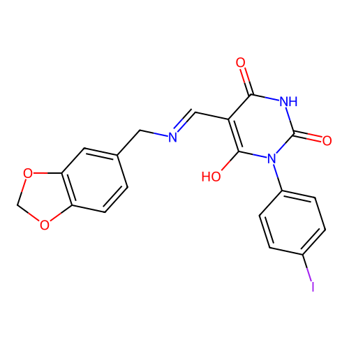 (5E)-5-[(1,3-benzodioxol-5-ylmethylamino)methylidene]-1-(4-iodophenyl)-1,3-diazinane-2,4,6-trione structure