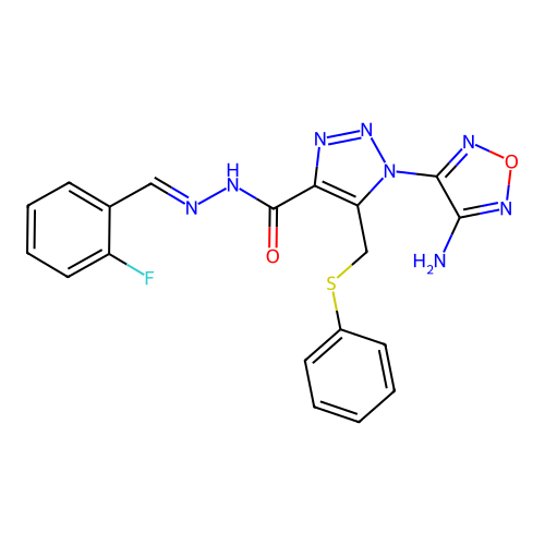 (E)-1-(4-amino-1,2,5-oxadiazol-3-yl)-N'-(2-fluorobenzylidene)-5-((phenylthio)methyl)-1H-1,2,3-triazole-4-carbohydrazide structure