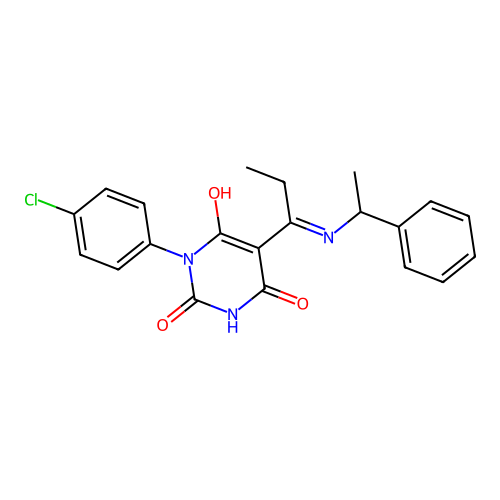 1-(4-chlorophenyl)-5-[1-(1-phenylethylamino)propylidene]-1,3-diazinane-2,4,6-trione structure