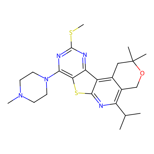 2,2-dimethyl-8-(4-methylpiperazin-1-yl)-10-(methylsulfanyl)-5-(propan-2-yl)-1,4-dihydro-2H-pyrano[4'',3'':4',5']pyrido[3',2':4,5]thieno[3,2-d]pyrimidine structure