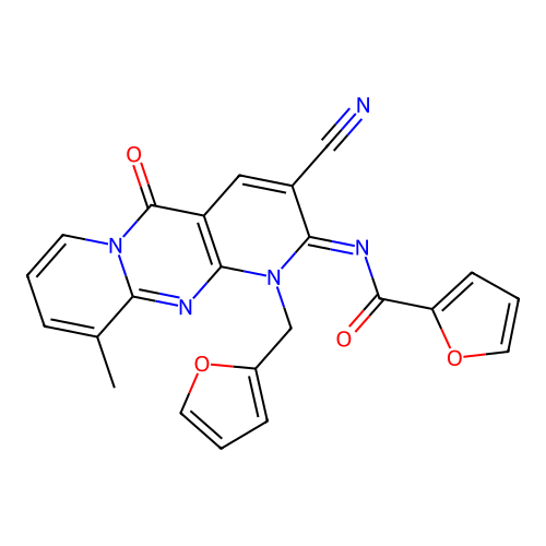 N-[3-cyano-1-(2-furanylmethyl)-10-methyl-5-oxo-2-dipyrido[3,4-c:1',2'-f]pyrimidinylidene]-2-furancarboxamide structure