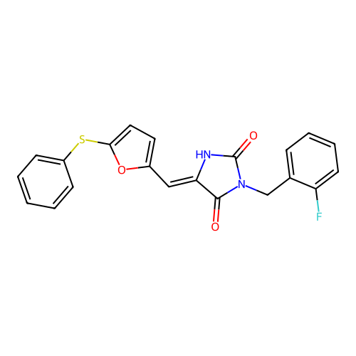 (Z)-3-(2-fluorobenzyl)-5-((5-(phenylthio)furan-2-yl)methylene)imidazolidine-2,4-dione structure