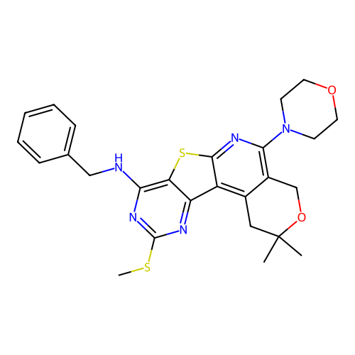 N-benzyl-2,2-dimethyl-10-(methylsulfanyl)-5-(morpholin-4-yl)-1,4-dihydro-2H-pyrano[4'',3'':4',5']pyrido[3',2':4,5]thieno[3,2-d]pyrimidin-8-amine structure