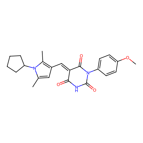 (5E)-5-[(1-cyclopentyl-2,5-dimethyl-1H-pyrrol-3-yl)methylidene]-6-hydroxy-3-(4-methoxyphenyl)pyrimidine-2,4(3H,5H)-dione structure