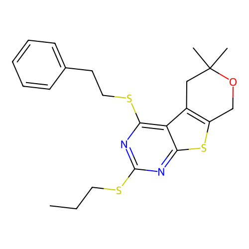 6,6-dimethyl-4-(phenethylthio)-2-(propylthio)-6,8-dihydro-5H-pyrano[4',3':4,5]thieno[2,3-d]pyrimidine structure