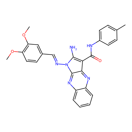 (E)-2-amino-1-((3,4-dimethoxybenzylidene)amino)-N-(p-tolyl)-1H-pyrrolo[2,3-b]quinoxaline-3-carboxamide structure