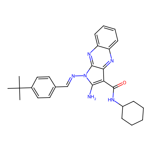 (E)-2-amino-1-((4-(tert-butyl)benzylidene)amino)-N-cyclohexyl-1H-pyrrolo[2,3-b]quinoxaline-3-carboxamide structure