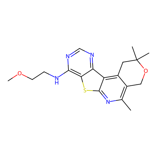 N-(2-methoxyethyl)-2,2,5-trimethyl-1,4-dihydro-2H-pyrano[4'',3'':4',5']pyrido[3',2':4,5]thieno[3,2-d]pyrimidin-8-amine structure