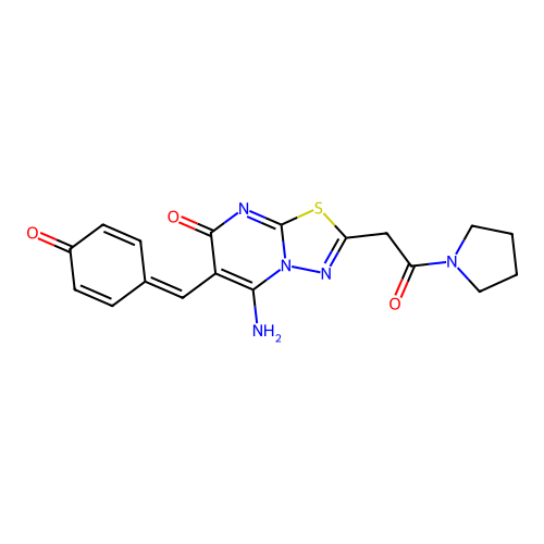 (Z)-6-(4-hydroxybenzylidene)-5-imino-2-(2-oxo-2-(pyrrolidin-1-yl)ethyl)-5H-[1,3,4]thiadiazolo[3,2-a]pyrimidin-7(6H)-one structure