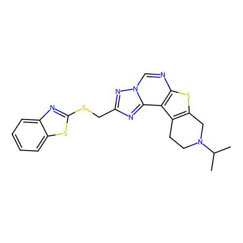 2-((benzo[d]thiazol-2-ylthio)methyl)-9-isopropyl-8,9,10,11-tetrahydropyrido[4',3':4,5]thieno[3,2-e][1,2,4]triazolo[1,5-c]pyrimidine structure