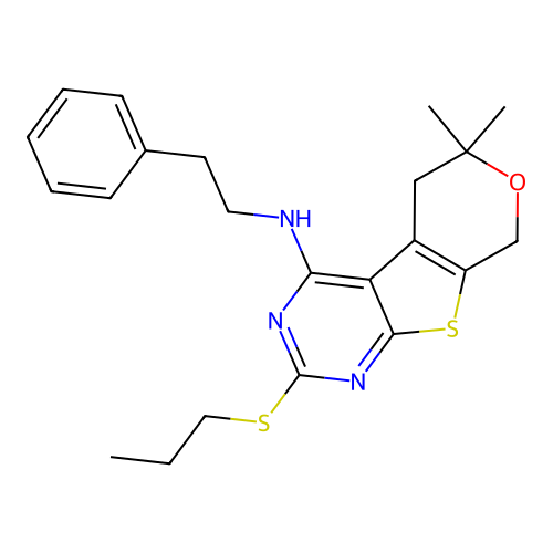 6,6-dimethyl-N-(2-phenylethyl)-2-(propylsulfanyl)-5,8-dihydro-6H-pyrano[4',3':4,5]thieno[2,3-d]pyrimidin-4-amine structure