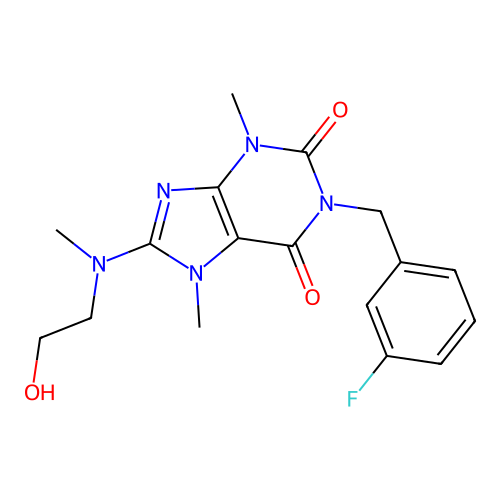 1-[(3-fluorophenyl)methyl]-8-[2-hydroxyethyl(methyl)amino]-3,7-dimethylpurine-2,6-dione structure