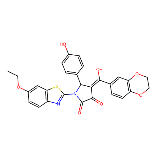 (4E)-4-[2,3-dihydro-1,4-benzodioxin-6-yl(hydroxy)methylidene]-1-(6-ethoxy-1,3-benzothiazol-2-yl)-5-(4-hydroxyphenyl)pyrrolidine-2,3-dione structure