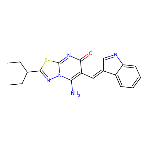 (6E)-5-imino-6-(1H-indol-3-ylmethylidene)-2-(pentan-3-yl)-5,6-dihydro-7H-[1,3,4]thiadiazolo[3,2-a]pyrimidin-7-one structure