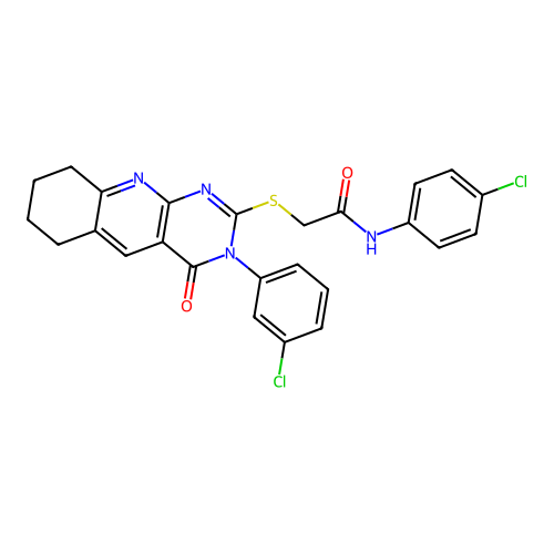 N-(4-chlorophenyl)-2-((3-(3-chlorophenyl)-4-oxo-3,4,6,7,8,9-hexahydropyrimido[4,5-b]quinolin-2-yl)thio)acetamide structure