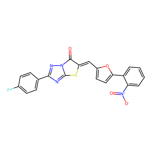 (Z)-2-(4-fluorophenyl)-5-((5-(2-nitrophenyl)furan-2-yl)methylene)thiazolo[3,2-b][1,2,4]triazol-6(5H)-one structure