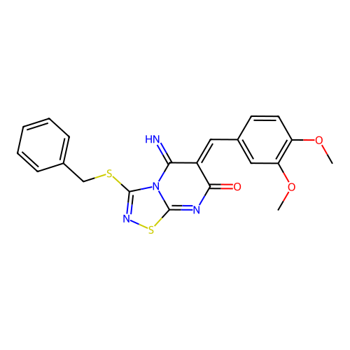 (6Z)-3-(benzylsulfanyl)-6-(3,4-dimethoxybenzylidene)-5-imino-5,6-dihydro-7H-[1,2,4]thiadiazolo[4,5-a]pyrimidin-7-one structure